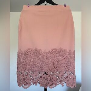 Elegant Lace-Embellished Pink Pencil Skirt